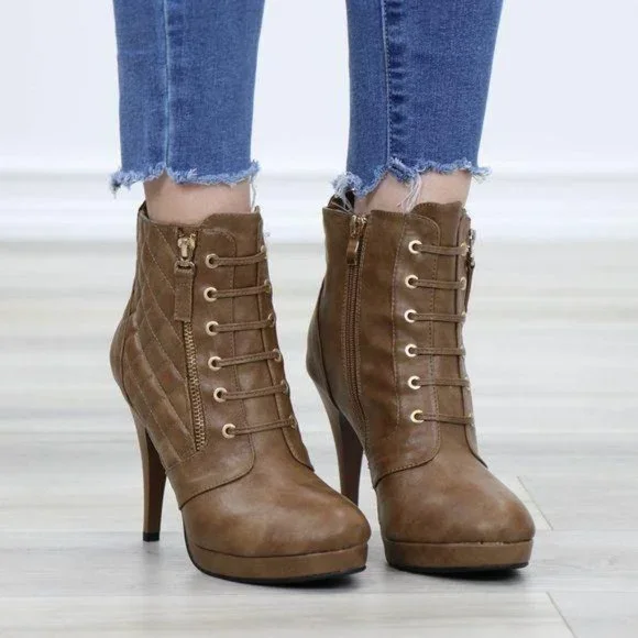 Khaki Platform High Heel Boots Light Fur inside - Picture 4 of 12